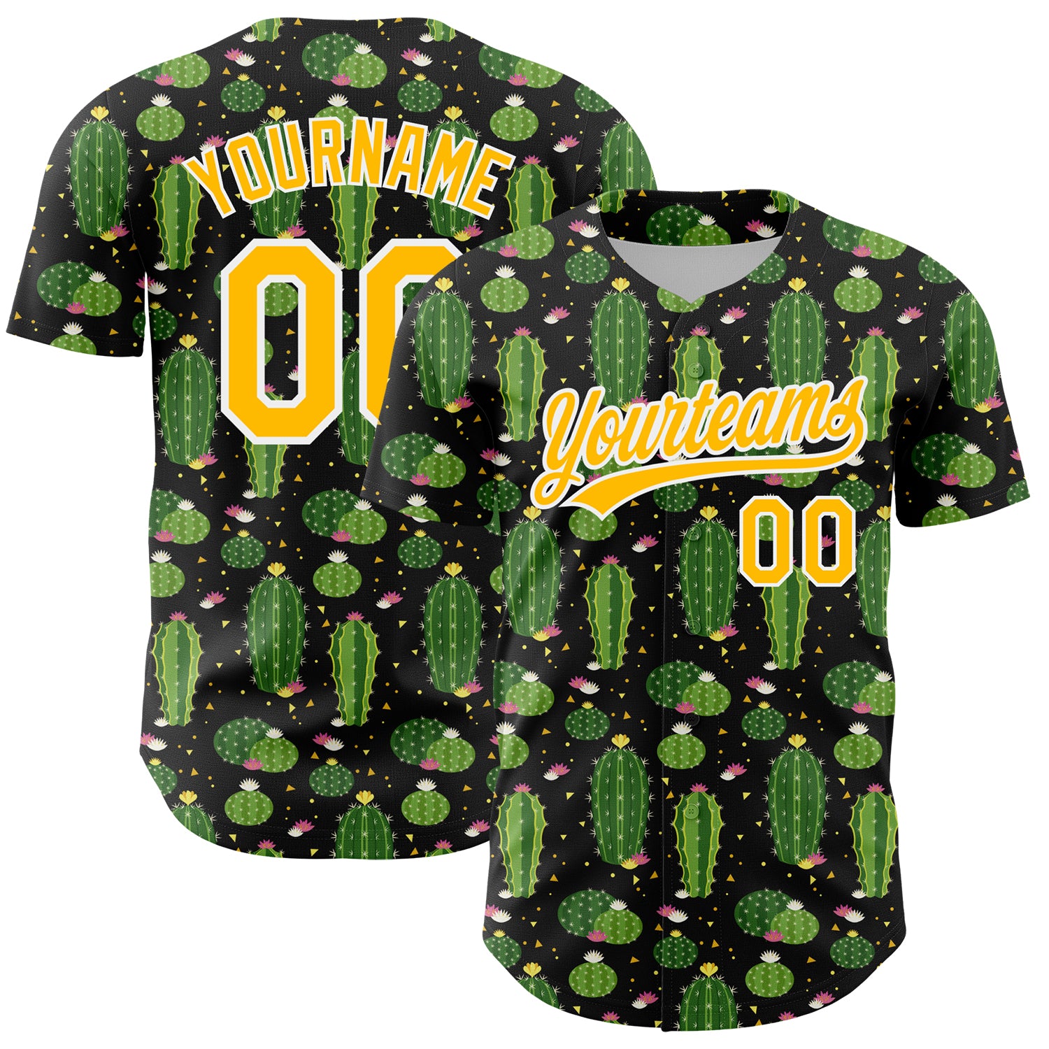 Personalized 3D Cactus Baseball Jersey - Black Gold-White Festival Design Personalized Black Gold-White 3D Cactus Festival