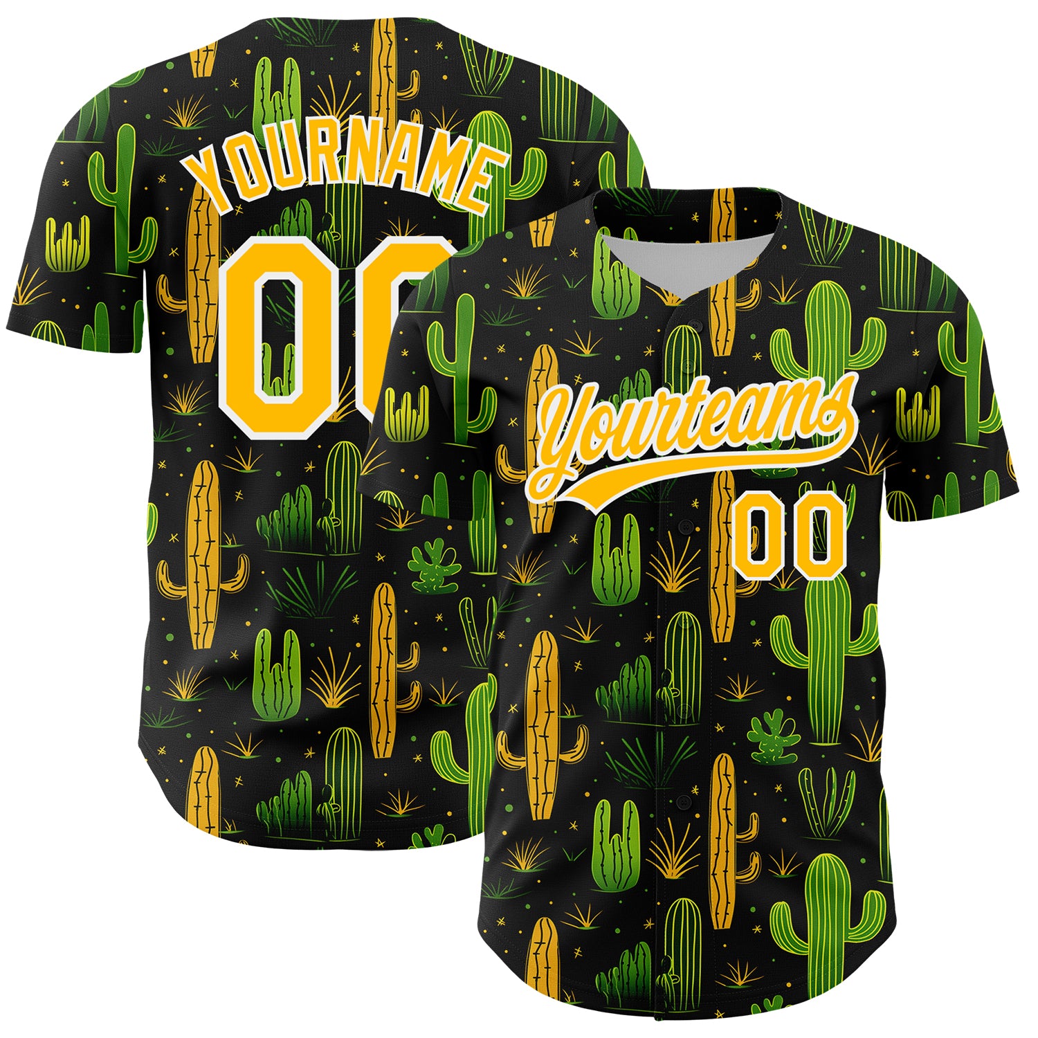 Personalized 3D Cactus Baseball Jersey - Black Gold White Festival Style Personalized Black Gold-White 3D Cactus Festival
