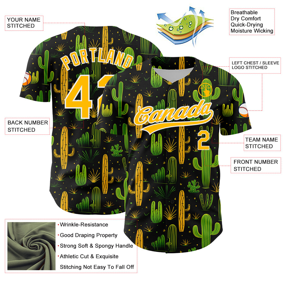 Personalized 3D Cactus Baseball Jersey - Black Gold White Festival Style Personalized Black Gold-White 3D Cactus Festival - Image 3