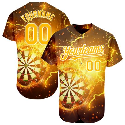 Black Gold White 3D Lightning Flame Personalized Baseball Jersey - Dart Board Design Personalized Black Gold-White 3D Lightning