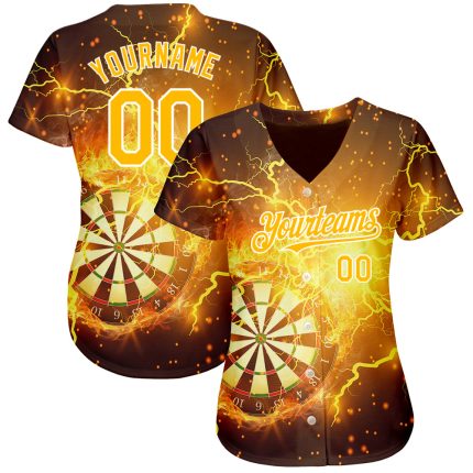 Black Gold White 3D Lightning Flame Personalized Baseball Jersey - Dart Board Design Personalized Black Gold-White 3D Lightning