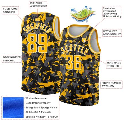 Custom Name and Number Basketball Jersey - Personalized Black Gold-White 3D Abstract Grunge Design Personalized Black Gold-White