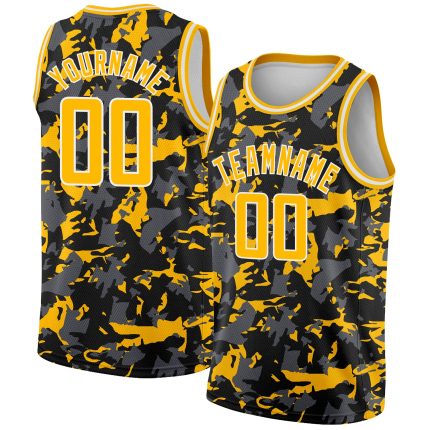 Custom Name and Number Basketball Jersey - Personalized Black Gold-White 3D Abstract Grunge Design Personalized Black Gold-White