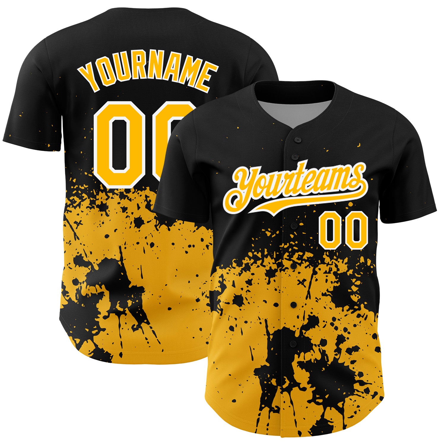 Custom Abstract Splash Grunge Art Black Gold-White Baseball Jersey | Personalized Team Name and Number Personalized Black