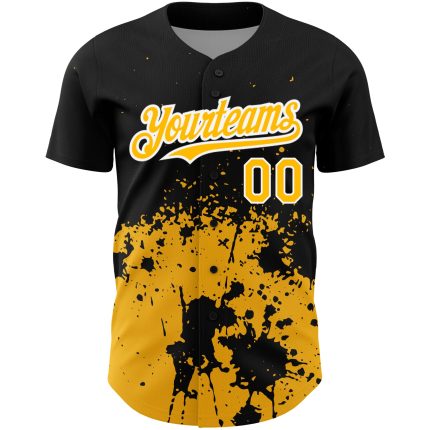 Custom Abstract Splash Grunge Art Black Gold-White Baseball Jersey | Personalized Team Name and Number Personalized Black