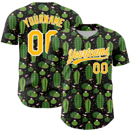 Personalized Black Gold White Cactus Festival 3D Pattern Baseball Jersey Personalized Black Gold-White 3D Pattern Design