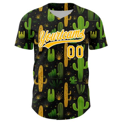 Custom Name Number Black Gold White 3D Cactus Festival Baseball Jersey - Personalized Team Apparel Personalized Black Gold-White