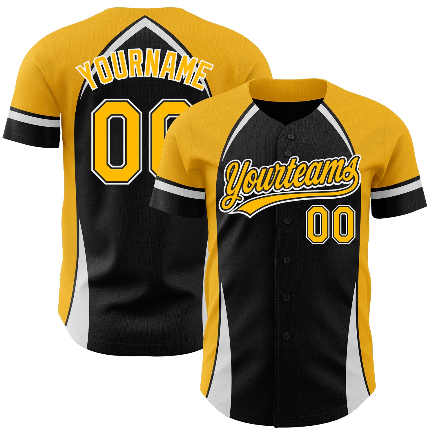 Custom Name & Number Authentic Baseball Jersey 3D Black Gold-White Patterned Design Curve Style Personalized Black Gold-White