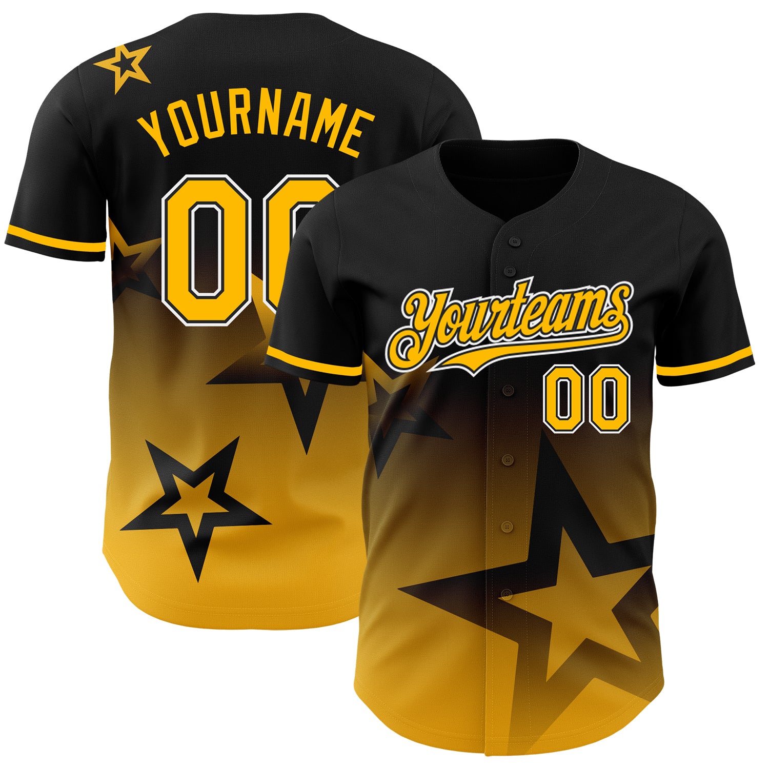 Custom Name and Number Baseball Jersey - Personalized Black Gold-White 3D Pattern Gradient Twinkle Star Design Personalized