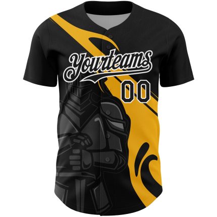 Custom Personalized 3D Knight Hero Baseball Jersey in Black Gold-White Design with Name and Number - Authentic Team Apparel