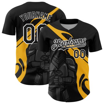 Custom Personalized 3D Knight Hero Baseball Jersey in Black Gold-White Design with Name and Number - Authentic Team Apparel