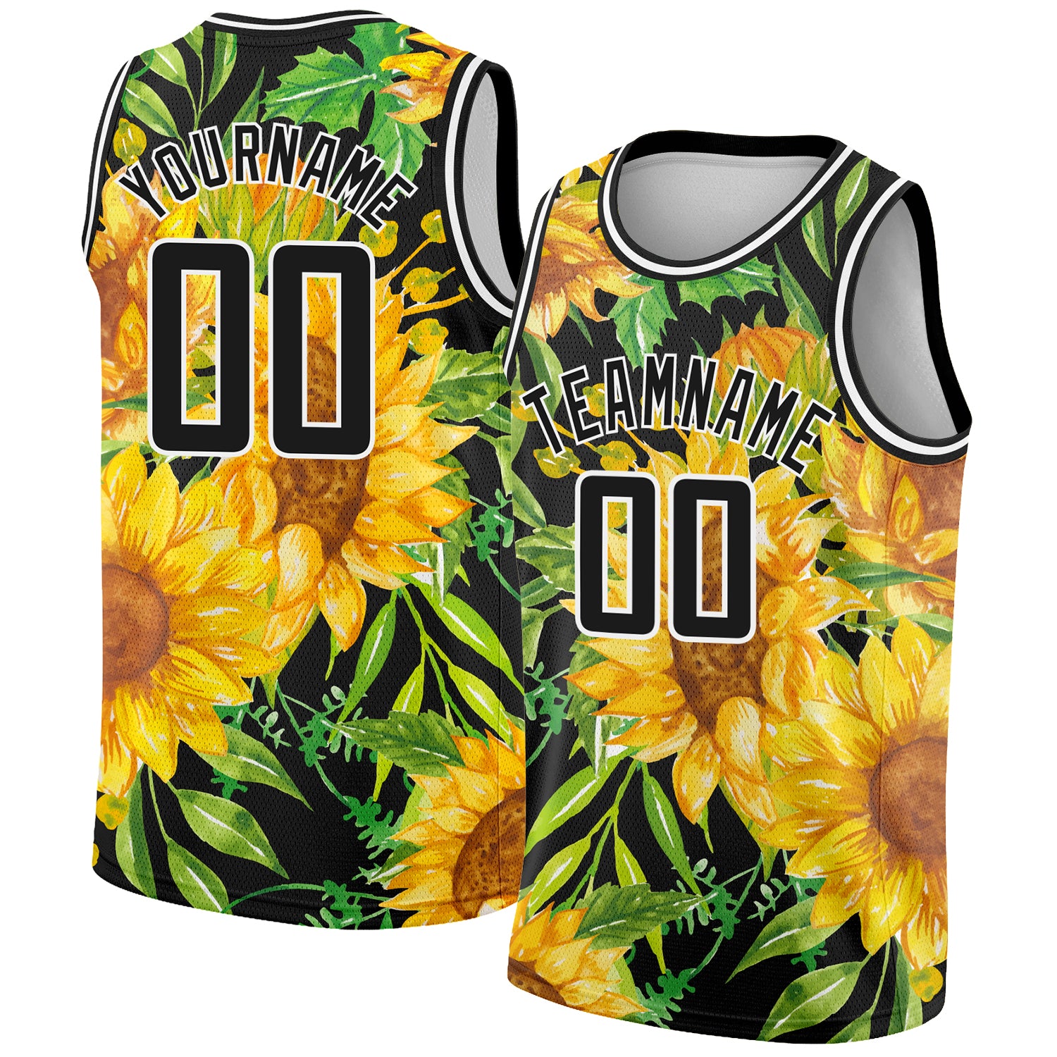 Custom Name Number Basketball Jersey Sunflowers 3D Pattern Black Gold-White Design Personalized Team Apparel Personalized