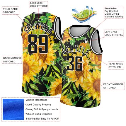 Custom Name Number Basketball Jersey Sunflowers 3D Pattern Black Gold-White Design Personalized Team Apparel Personalized