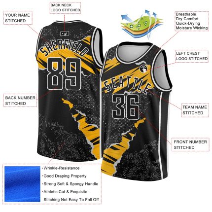 Custom Name and Number Basketball Jersey - Personalized 3D Torn Paper Style in Black Gold-White Design Personalized Black
