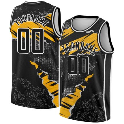 Custom Name and Number Basketball Jersey - Personalized 3D Torn Paper Style in Black Gold-White Design Personalized Black