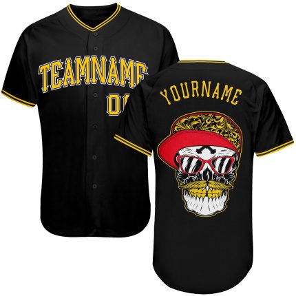 Personalized Skull Baseball Jersey - Custom Team Name & Number in Black Gold-White Authentic Design Personalized Black Gold-White