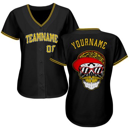 Personalized Skull Baseball Jersey - Custom Team Name & Number in Black Gold-White Authentic Design Personalized Black Gold-White