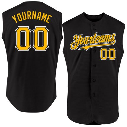 Personalized Authentic Sleeveless Baseball Jersey in Black Gold White Personalized Black Gold-White Authentic Sleeveless