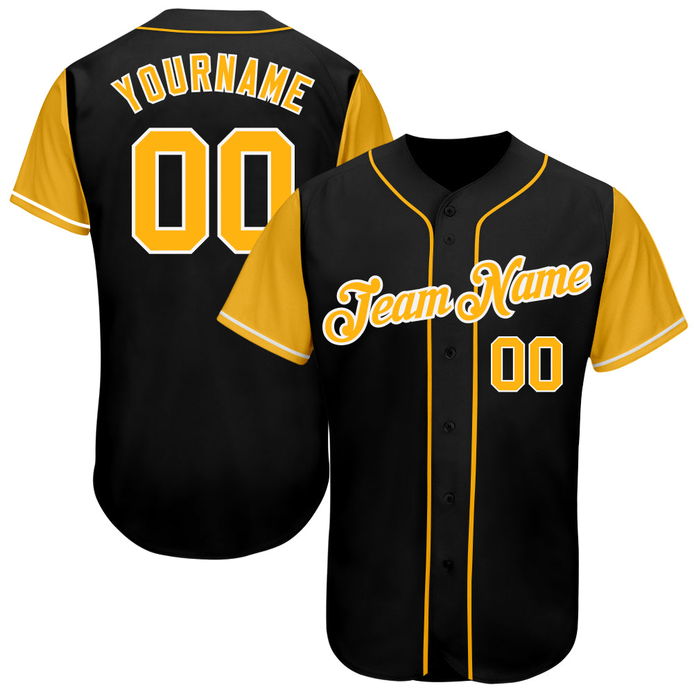 Custom Black Gold-White Two Tone Baseball Jersey with Personalized Name and Number Personalized Black Gold-White Authentic