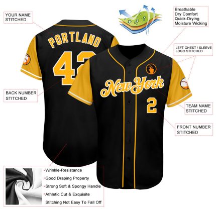 Custom Name & Number Authentic Two Tone Black Gold-White Softball Jersey - Personalized Team Apparel Personalized Black Gold-White