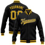 Personalized Bomber Jacket Black Gold-White Full-Snap Varsity Letterman Jacket 2 Personalized Black Gold-White Bomber Full-Snap