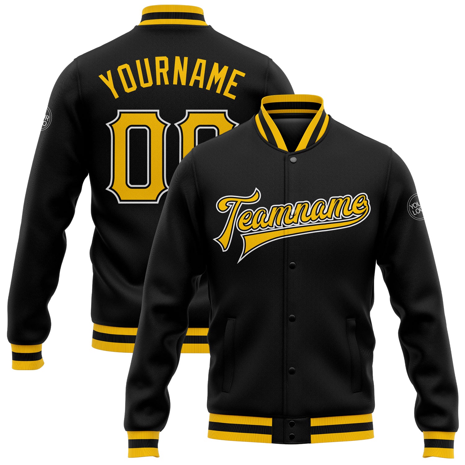 Personalized Bomber Jacket Black Gold-White Full-Snap Varsity Letterman Jacket 2 Personalized Black Gold-White Bomber Full-Snap
