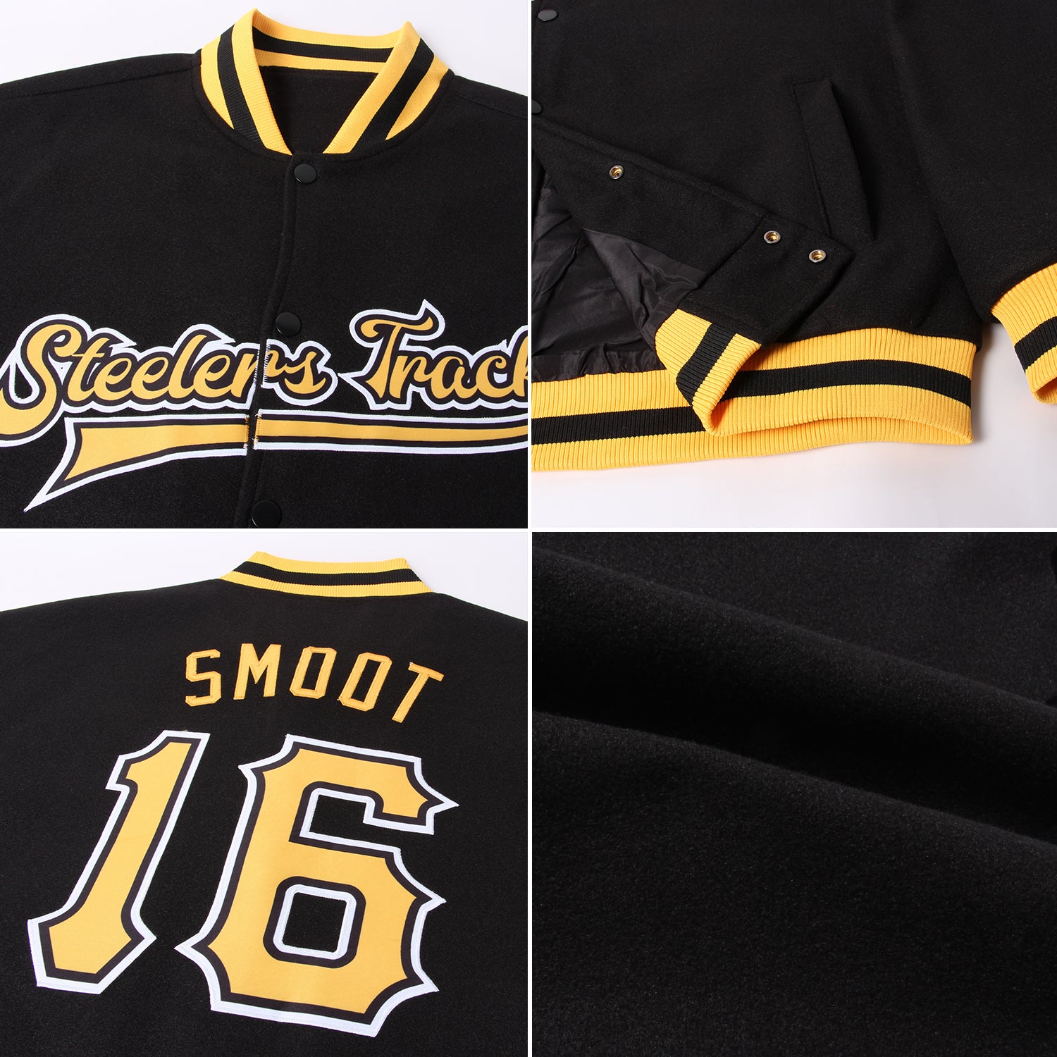 Personalized Bomber Jacket Black Gold-White Full-Snap Varsity Letterman Jacket 2 Personalized Black Gold-White Bomber Full-Snap - Image 4