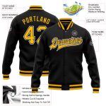 Personalized Bomber Jacket Black Gold-White Full-Snap Varsity Letterman Jacket 2 Personalized Black Gold-White Bomber Full-Snap