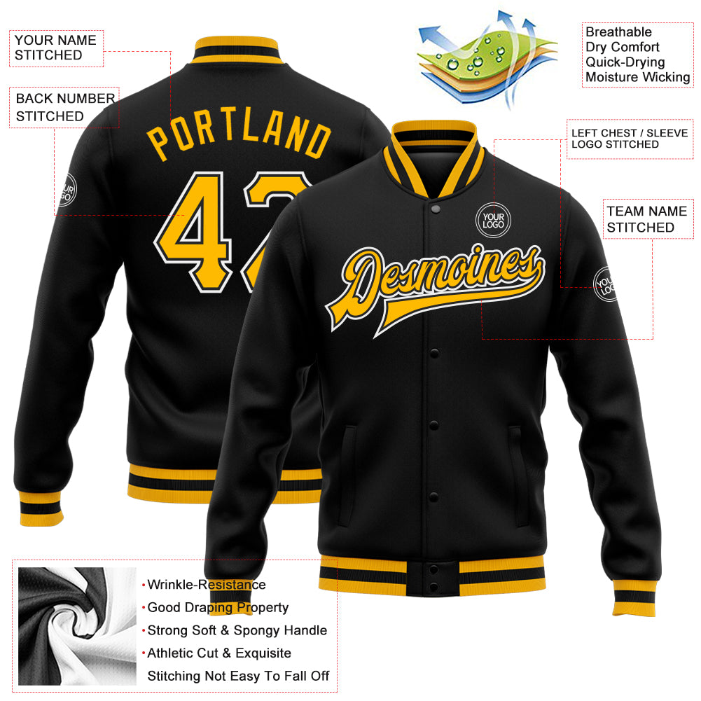 Personalized Bomber Jacket Black Gold-White Full-Snap Varsity Letterman Jacket 2 Personalized Black Gold-White Bomber Full-Snap - Image 5