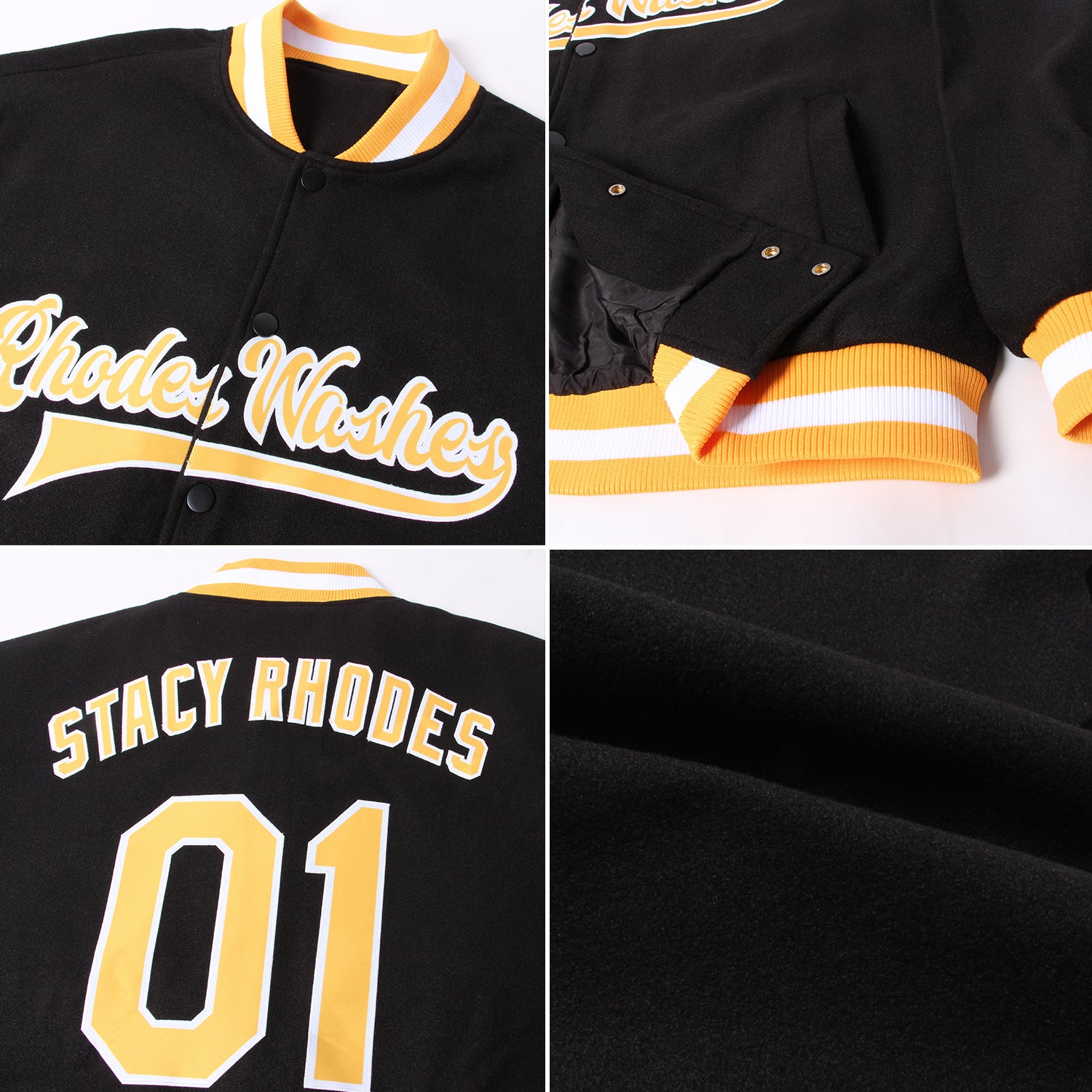 Personalized Varsity Letterman Jacket Black Gold-White Full-Snap Bomber Personalized Black Gold-White Bomber Full-Snap Varsity - Image 4
