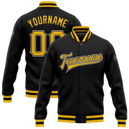 Custom Black Gold White Bomber Varsity Letterman Jacket for Men and Women Personalized Black Gold-White Bomber Full-Snap