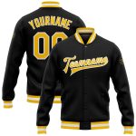 Personalized Varsity Letterman Jacket Black Gold-White Full-Snap Bomber Personalized Black Gold-White Bomber Full-Snap Varsity