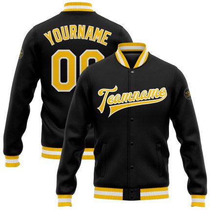 Personalized Varsity Letterman Jacket Black Gold-White Full-Snap Bomber Personalized Black Gold-White Bomber Full-Snap Varsity
