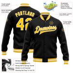 Personalized Varsity Letterman Jacket Black Gold-White Full-Snap Bomber Personalized Black Gold-White Bomber Full-Snap Varsity