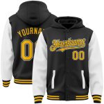 Customizable Black and Gold Varsity Letterman Full-Snap Hoodie Jacket with Team Name and Number Personalized Black Gold-White