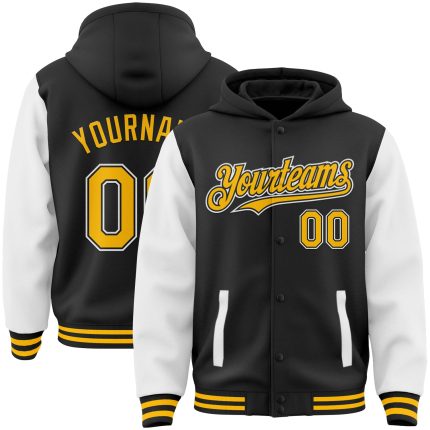 Customizable Black and Gold Varsity Letterman Full-Snap Hoodie Jacket with Team Name and Number Personalized Black Gold-White