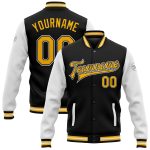 Personalized Varsity Letterman Two Tone Bomber Jacket Black Gold White Full-Snap Personalized Black Gold-White Bomber Full-Snap