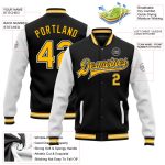 Custom Name and Number Varsity Letterman Bomber Jacket Black Gold White Two Tone Full-Snap Personalized Black Gold-White