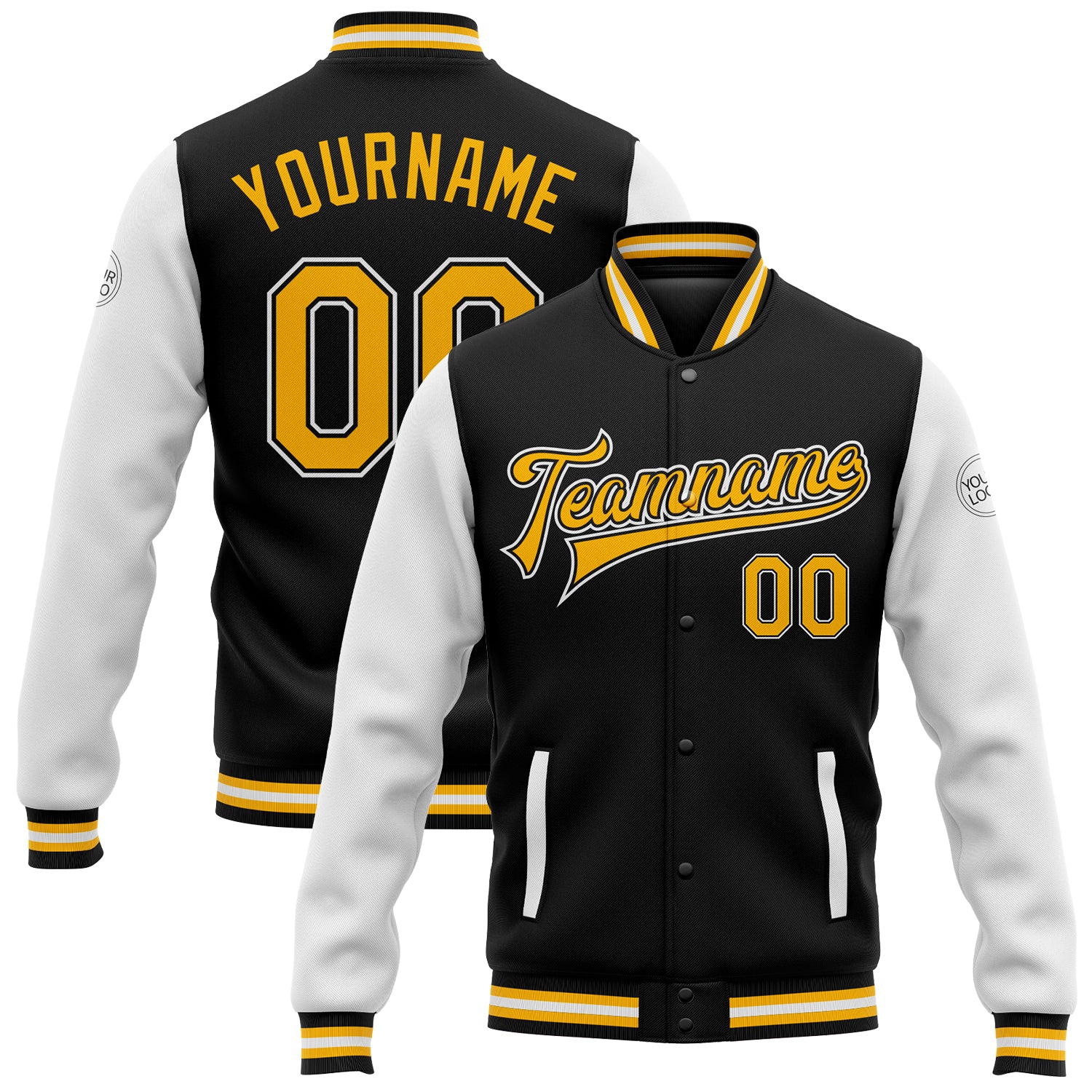 Custom Name and Number Varsity Letterman Bomber Jacket Black Gold White Two Tone Full-Snap Personalized Black Gold-White
