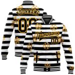 Personalized Gold Snowflakes Black White Christmas Bomber Varsity Letterman Jacket 2, 3D Full-Snap Style Personalized Black