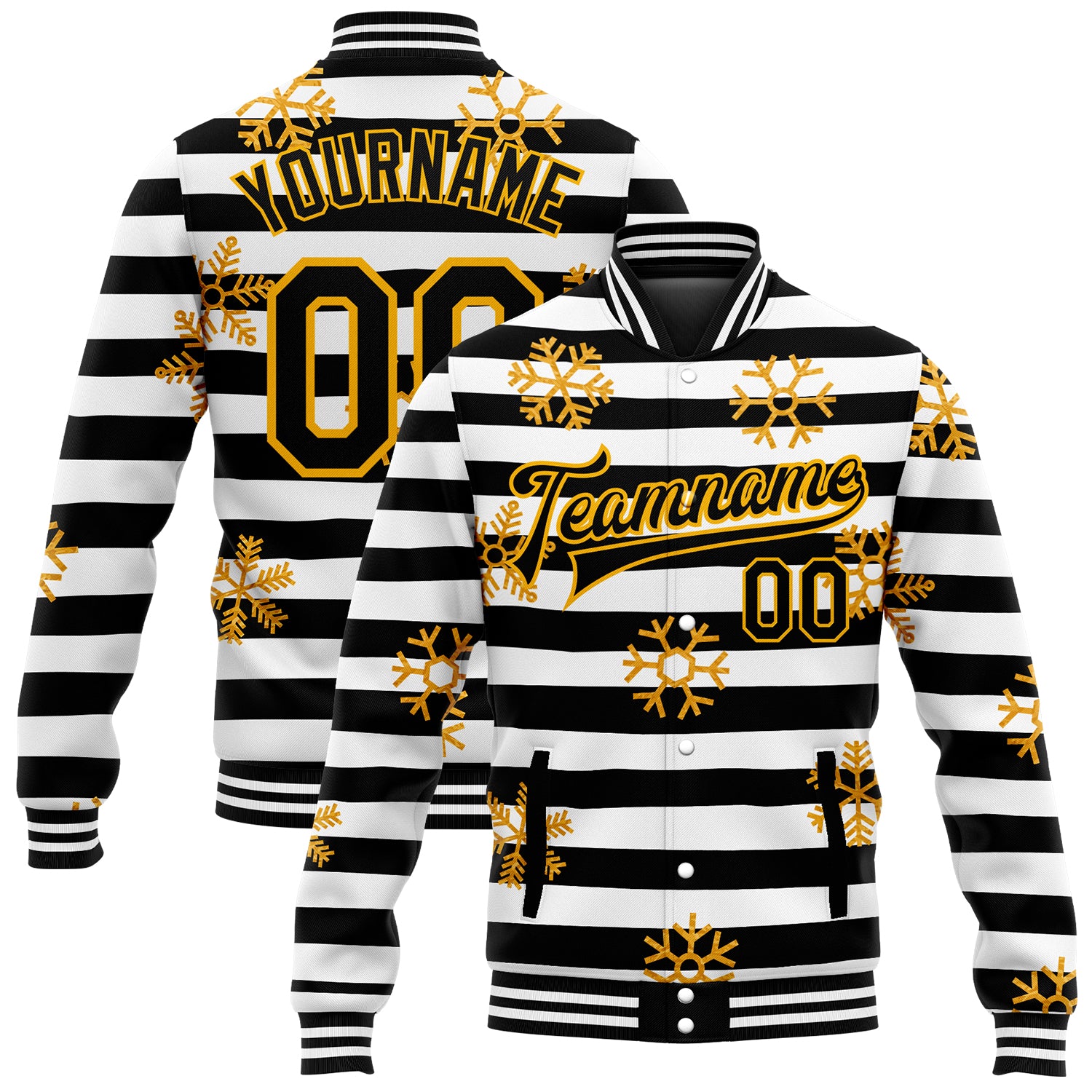 Personalized Gold Snowflakes Black White Christmas Bomber Varsity Letterman Jacket 2, 3D Full-Snap Style Personalized Black