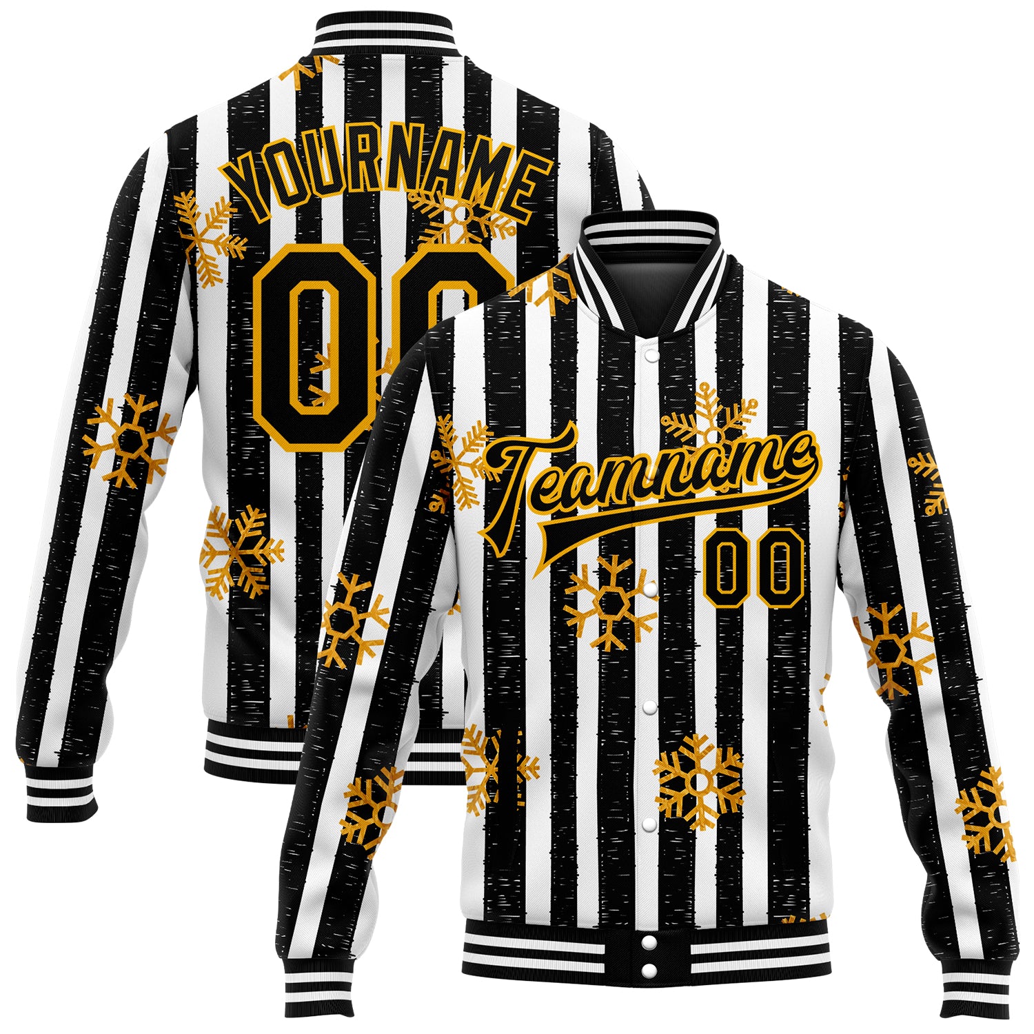 Custom Name Number Team Personalized 3D Bomber Varsity Letterman Jacket Black Gold White Christmas Snowflakes Personalized