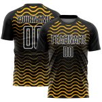 Personalized Black and Gold Geometric Lines Soccer Jersey Uniform for Sublimation Personalized Black Gold-White Geometric