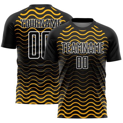 Personalized Black and Gold Geometric Lines Soccer Jersey Uniform for Sublimation Personalized Black Gold-White Geometric