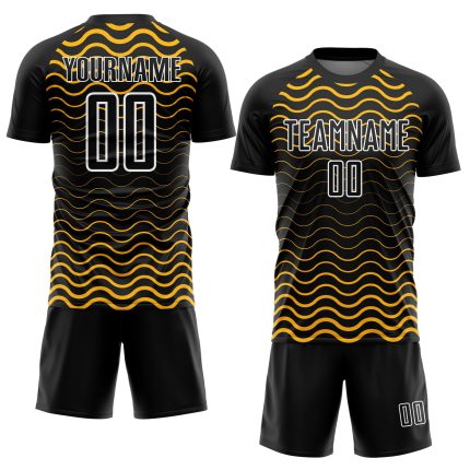 Personalized Black and Gold Geometric Lines Soccer Jersey Uniform for Sublimation Personalized Black Gold-White Geometric