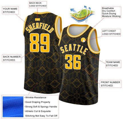 Personalized City Edition Basketball Jersey Black Gold White Geometric Shapes Personalized Black Gold-White Geometric Shapes