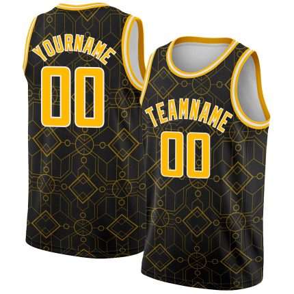Personalized City Edition Basketball Jersey Black Gold White Geometric Shapes Personalized Black Gold-White Geometric Shapes