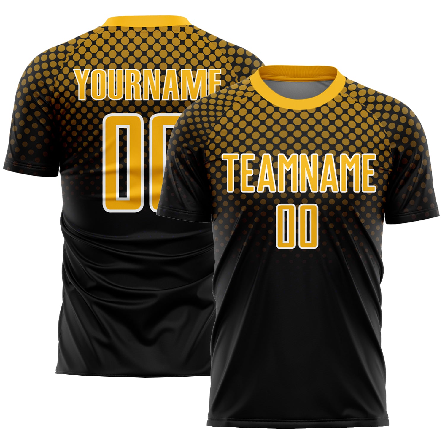 Custom Name Number Soccer Jersey - Personalized Black Gold White Halftone Dots Sublimation Team Uniform Personalized Black