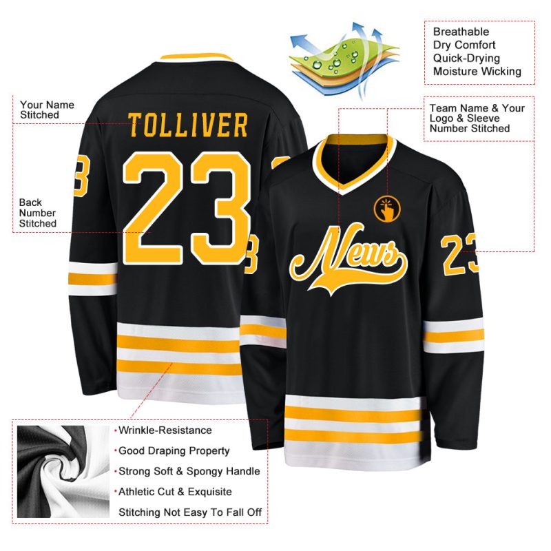 Custom Black and Gold Hockey Jersey with Personalized Name and Number - Team Apparel Personalized Black Gold-White Hockey