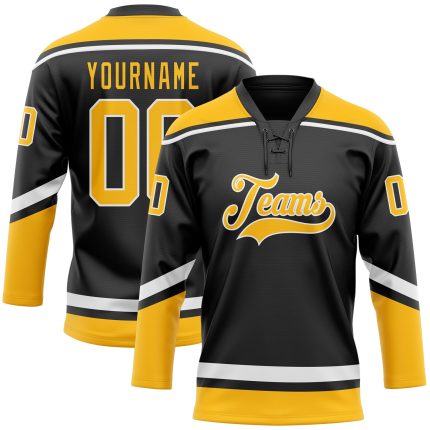 Personalized Black Gold White Hockey Jersey with Lace Neck Design Personalized Black Gold-White Hockey Lace Neck Jersey